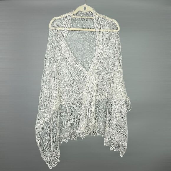 Goat Wool Lace Knit Oblong Shawl Scarf Handmade Russian Orenburg Style Ivory - Picture 7 of 11